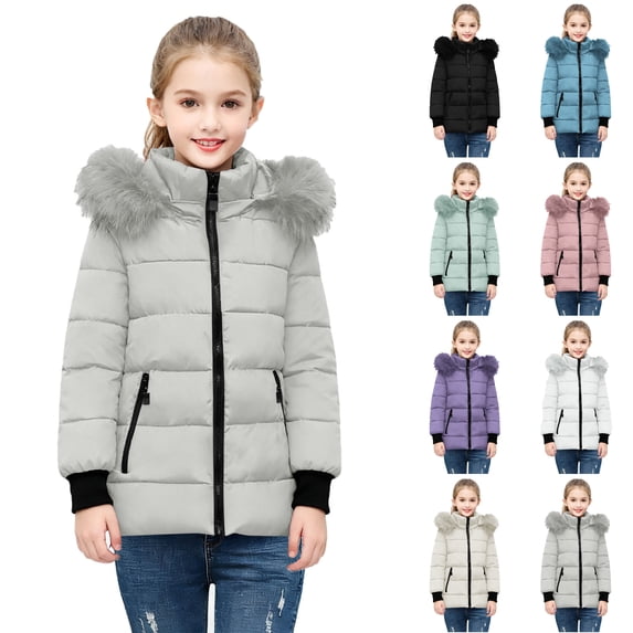 Husipze Cute Puffer Quilted Jacket for Girl Long Sleeve Full Zip Casual Outdoor Winter Coat with Fuzzy Trim Hood Gray 11-12 Years