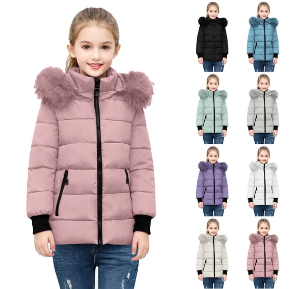 Husipze Cute Puffer Quilted Jacket for Girl Long Sleeve Full Zip Casual Outdoor Winter Coat with Fuzzy Trim Hood Pink 5-6 Years
