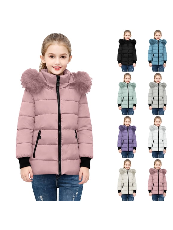 Cute Puffer Quilted Jacket for Girl Long Sleeve Full Zip Casual Outdoor Winter Coat with Fuzzy Trim Hood Pink 7-8 Years