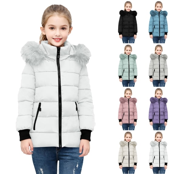 Husipze Cute Puffer Quilted Jacket for Girl Long Sleeve Full Zip Casual Outdoor Winter Coat with Fuzzy Trim Hood White 9-10 Years