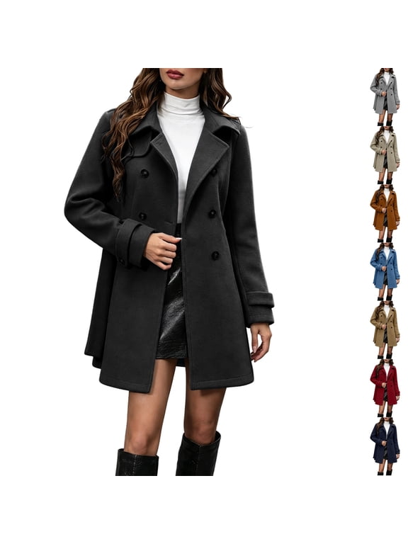 Double Breasted Pea Coat for Women Wool Blend Notch Lapel Long Sleeve Trench Overcoat Loose Fit Warm Fall Winter Coat Black S