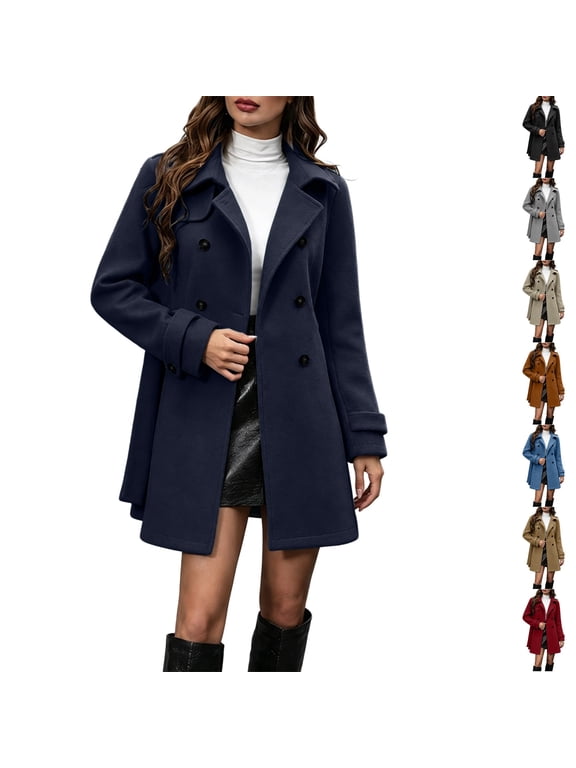 Double Breasted Pea Coat for Women Wool Blend Notch Lapel Long Sleeve Trench Overcoat Loose Fit Warm Fall Winter Coat Navy L