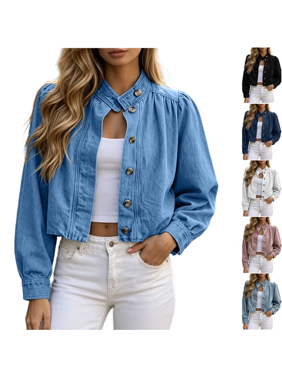 Fall Cropped Denim Jacket for Women Lightweight Collarless Long Sleeve Casual Button Down Vintage Washed Jean Jacket Sky Blue S