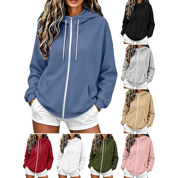 Husipze Full Zip Hooded Sweatshirt for Women Casual Oversized Long Sleeve Fall Winter Hoodie with Pocket Blue L