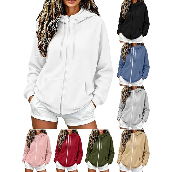 Husipze Full Zip Hooded Sweatshirt for Women Casual Oversized Long Sleeve Fall Winter Hoodie with Pocket White S