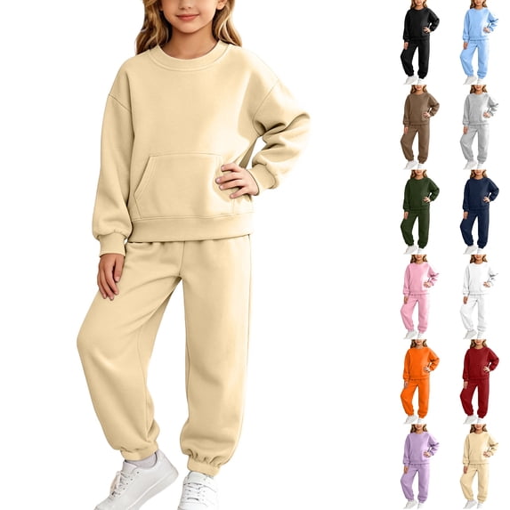 Husipze Girls 2 Piece Tracksuit Set Solid Pullover Sweatshirt with Kangaroo Pocket and Elastic Waist Relaxed Fit Jogger Pants Matching Sweat Set Beige 6 Years