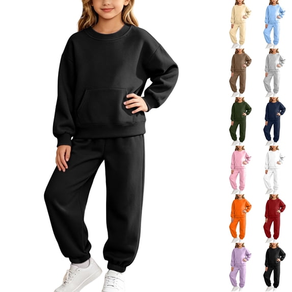 Husipze Girls 2 Piece Tracksuit Set Solid Pullover Sweatshirt with Kangaroo Pocket and Elastic Waist Relaxed Fit Jogger Pants Matching Sweat Set Black 4 Years