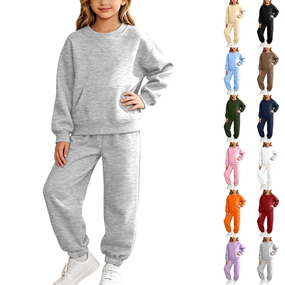 Husipze Girls 2 Piece Tracksuit Set Solid Pullover Sweatshirt with Kangaroo Pocket and Elastic Waist Relaxed Fit Jogger Pants Matching Sweat Set Gray 4 Years