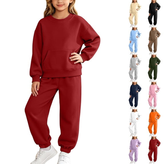 Husipze Girls 2 Piece Tracksuit Set Solid Pullover Sweatshirt with Kangaroo Pocket and Elastic Waist Relaxed Fit Jogger Pants Matching Sweat Set Red 10 Years