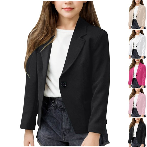 Husipze Girls Blazer Open Front Jacket with Notch Lapel Single Button Relax Fit Solid Dress Outerwear Formal Casual Lightweight Blazer Black 5 Years