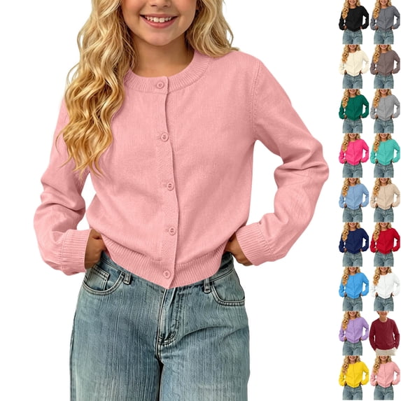 Husipze Girls Boys Button Front Cardigan Soft Lightweight Solid Long Sleeve Knit Crewneck Fall Sweater Casual Layering School Tops Pink 1-2 Years