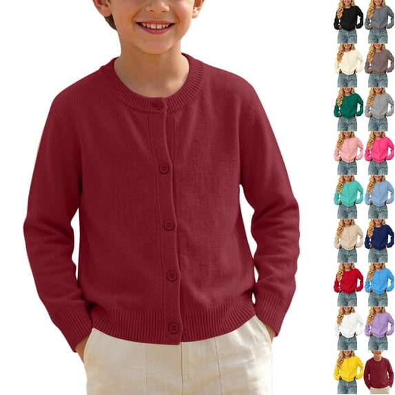 Husipze Girls Boys Button Front Cardigan Soft Lightweight Solid Long Sleeve Knit Crewneck Fall Sweater Casual Layering School Tops Wine 6-7 Years