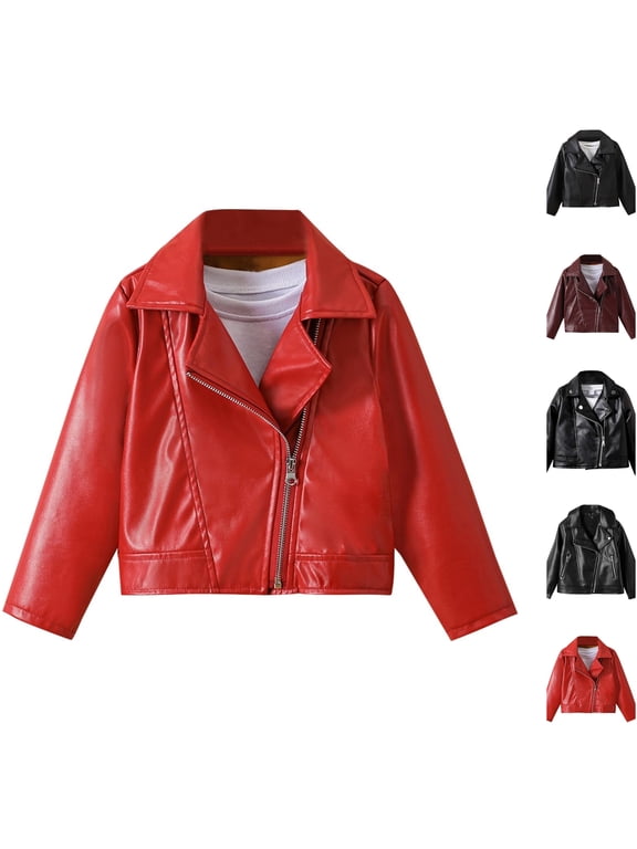 Girls Boys Faux Leather Moto Jacket Long Sleeve Lapel Collar Zip Up Biker Coat Casual Fasion Outerwear Red 2-3 Years
