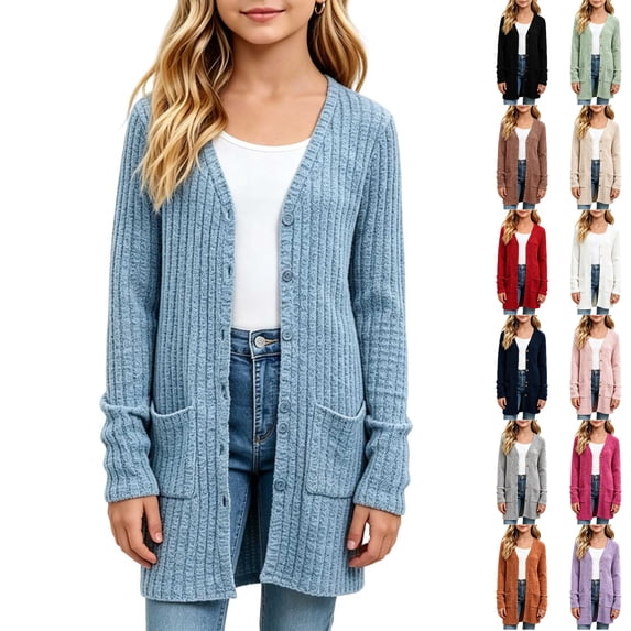 Husipze Girls Mid Lightweight Cardigan Sweater Button down Button down Open Front V-neck Ribbed Knit Long Sleeve Casual Fall Winter Outerwear Light Blue 11-12 Years