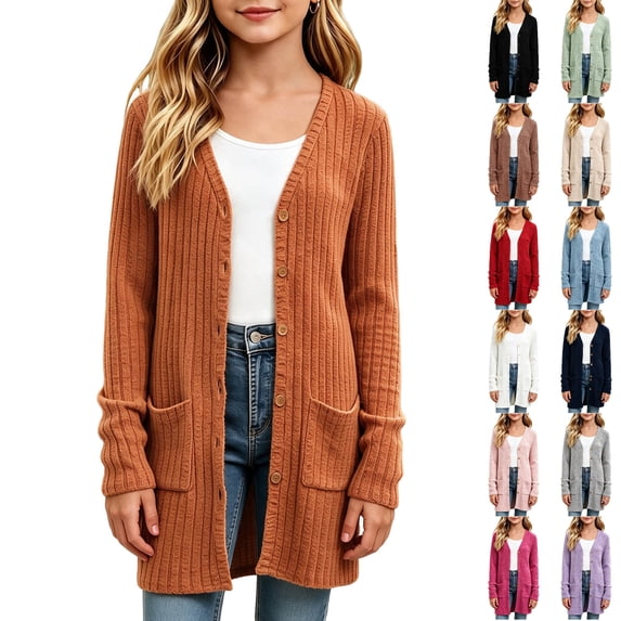 Husipze Girls Mid Lightweight Cardigan Sweater Button down Button down Open Front V-neck Ribbed Knit Long Sleeve Casual Fall Winter Outerwear Orange 9-10 Years