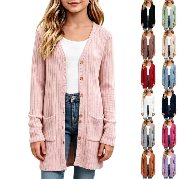 Husipze Girls Mid Lightweight Cardigan Sweater Button down Button down Open Front V-neck Ribbed Knit Long Sleeve Casual Fall Winter Outerwear Pink 11-12 Years