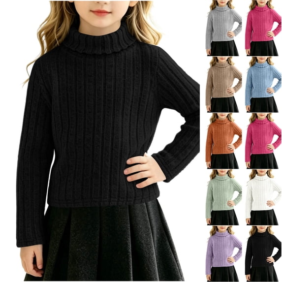 Husipze Girls Turtleneck Sweater Long Sleeve Cozy Ribbed Knit Pullover Kids Casual Fall Winter Warm School Jumper Tops Black 7-8 Years