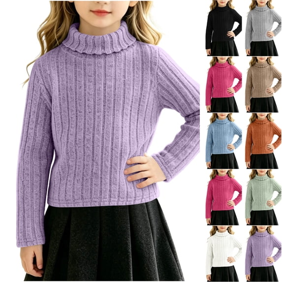 Husipze Girls Turtleneck Sweater Long Sleeve Cozy Ribbed Knit Pullover Kids Casual Fall Winter Warm School Jumper Tops Purple 7-8 Years