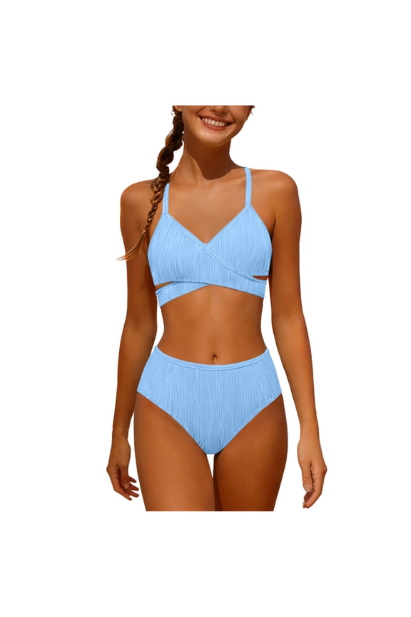 Girls Two Piece Bikini Swimsuits Twist Front Cross Back Bathing Suits High Waist Bikini Sets Solid Color Swimwear for Beach Blue 11 Years