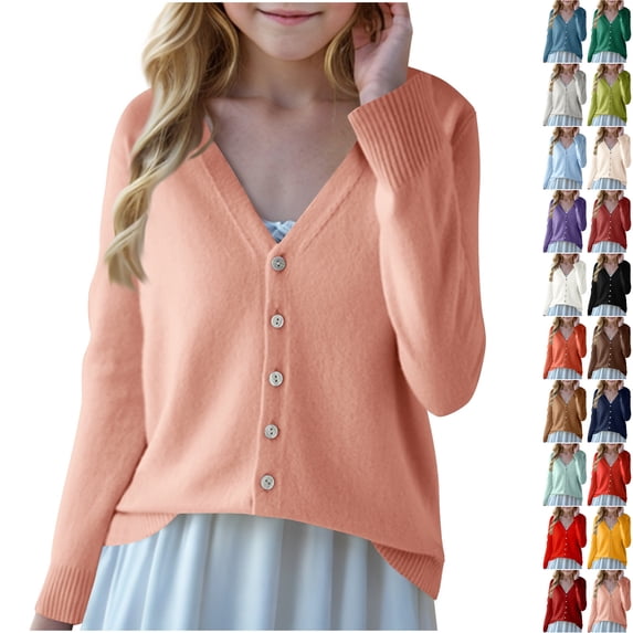 Husipze Girls V-neck Knit Cardigan Sweater Button Front Knit Fall Outwear Long Sleeves Lightweight for Fall Winter School Pink 14-15 Years