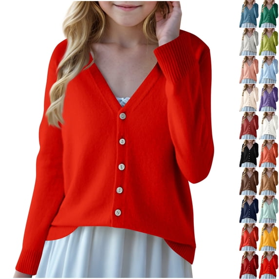 Husipze Girls V-neck Knit Cardigan Sweater Button Front Knit Fall Outwear Long Sleeves Lightweight for Fall Winter School Red 6-7 Years