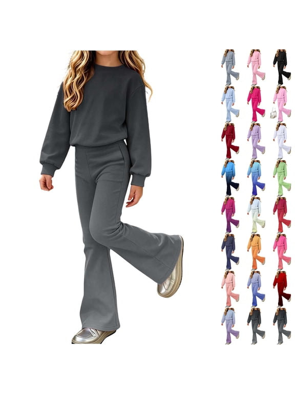 Gradient Two Piece Girls Set Flare Hight Elastic Waist Sweatpants with Crewneck Relaxed Fit Soft Sweatshirts Matching Outfit Black 5-6 Years