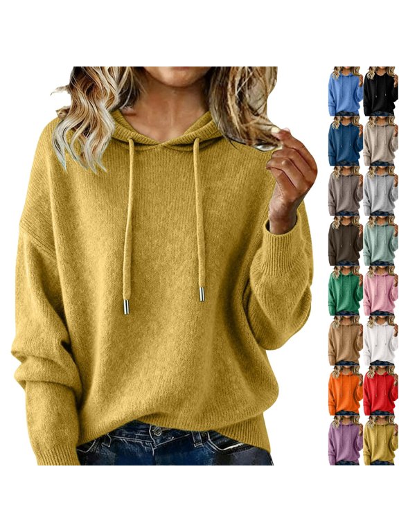 Hooded Knit Pullover Sweater for Women Lightweight Drawstring Long Sleeve Loose Fit Ribbed Casual Fashion Sweatshirt Yellow L