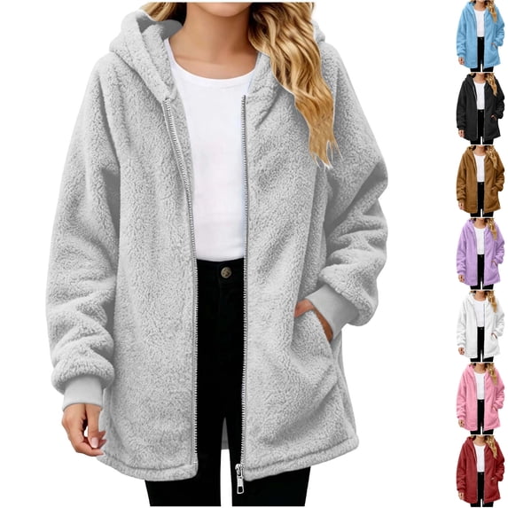 Husipze Hooded Sherpa Fleece Jacket for Girl Full Zip Mid Length Fuzzy Teddy Jacket Long Sleeve Comfortable Fit Fall Winter Coat Gray 5-6 Years