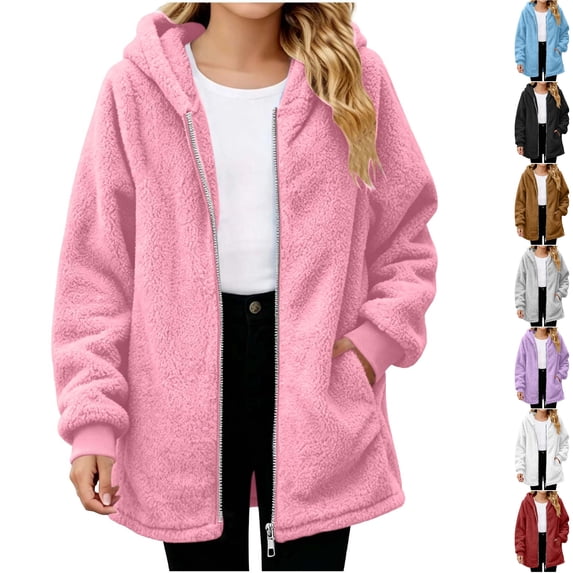 Husipze Hooded Sherpa Fleece Jacket for Girl Full Zip Mid Length Fuzzy Teddy Jacket Long Sleeve Comfortable Fit Fall Winter Coat Pink 12-13 Years