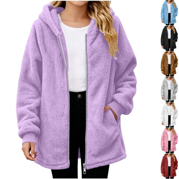 Husipze Hooded Sherpa Fleece Jacket for Girl Full Zip Mid Length Fuzzy Teddy Jacket Long Sleeve Comfortable Fit Fall Winter Coat Purple 14-15 Years