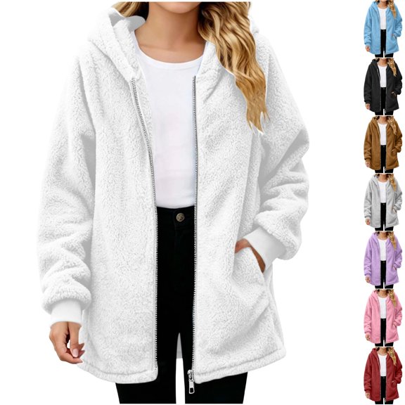 Husipze Hooded Sherpa Fleece Jacket for Girl Full Zip Mid Length Fuzzy Teddy Jacket Long Sleeve Comfortable Fit Fall Winter Coat White 7-8 Years