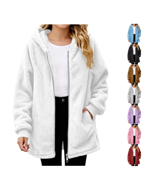Hooded Sherpa Fleece Jacket for Girl Full Zip Mid Length Fuzzy Teddy Jacket Long Sleeve Comfortable Fit Fall Winter Coat White 7-8 Years