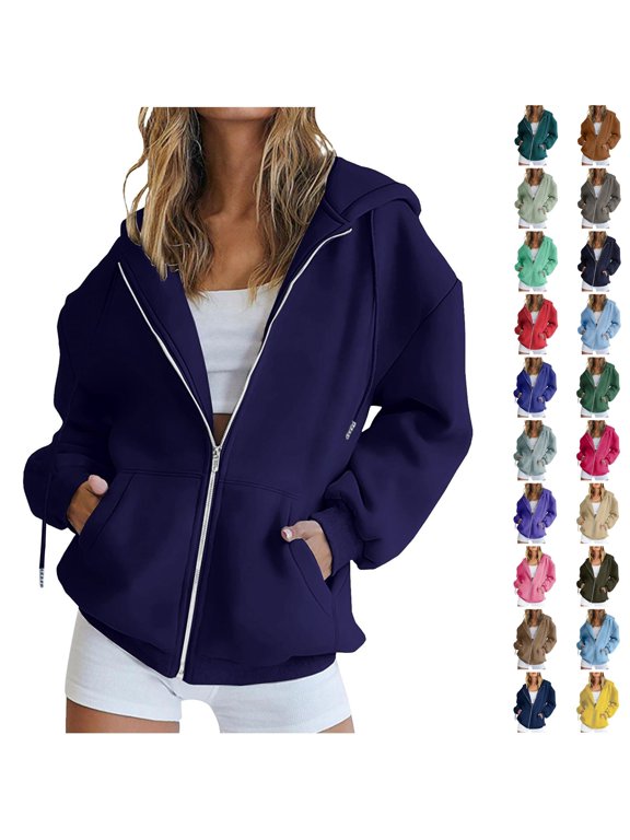 Hoodie for Women Oversized Zip Up Hooded Sweatshirt Long Sleeve Pockets Casual Solid Fall Winter Jacket Blue XL