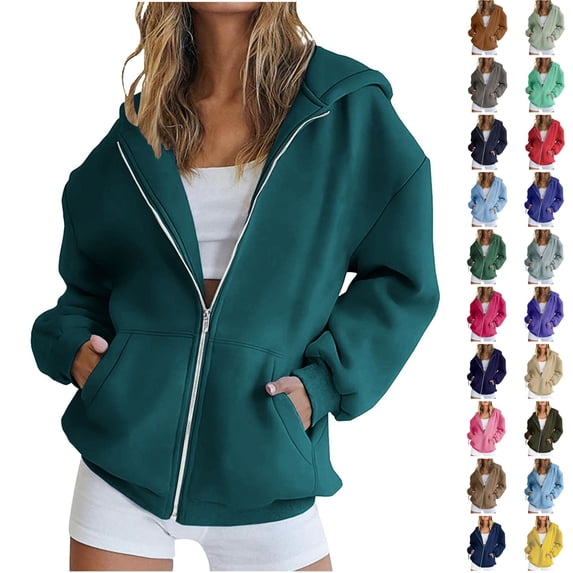 Husipze Hoodie for Women Oversized Zip Up Hooded Sweatshirt Long Sleeve Pockets Casual Solid Fall Winter Jacket Blue XL