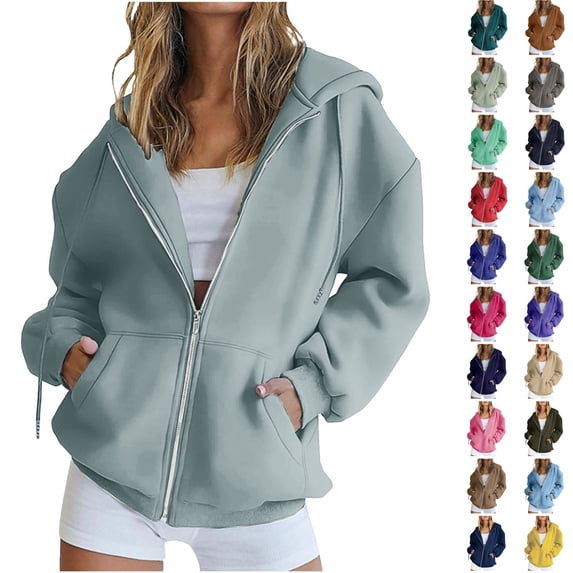 Husipze Hoodie for Women Oversized Zip Up Hooded Sweatshirt Long Sleeve Pockets Casual Solid Fall Winter Jacket Gray L