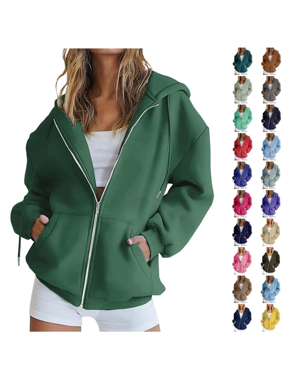 Hoodie for Women Oversized Zip Up Hooded Sweatshirt Long Sleeve Pockets Casual Solid Fall Winter Jacket Green 3XL