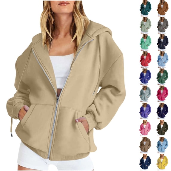 Husipze Hoodie for Women Oversized Zip Up Hooded Sweatshirt Long Sleeve Pockets Casual Solid Fall Winter Jacket Khaki S