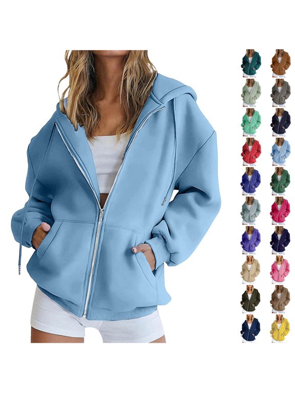 Hoodie for Women Oversized Zip Up Hooded Sweatshirt Long Sleeve Pockets Casual Solid Fall Winter Jacket Light Blue S