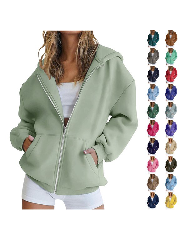 Hoodie for Women Oversized Zip Up Hooded Sweatshirt Long Sleeve Pockets Casual Solid Fall Winter Jacket Light Green S