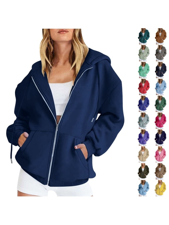 Hoodie for Women Oversized Zip Up Hooded Sweatshirt Long Sleeve Pockets Casual Solid Fall Winter Jacket Navy L
