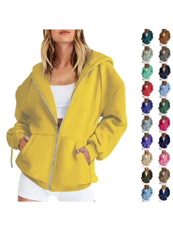 Hoodie for Women Oversized Zip Up Hooded Sweatshirt Long Sleeve Pockets Casual Solid Fall Winter Jacket Yellow S