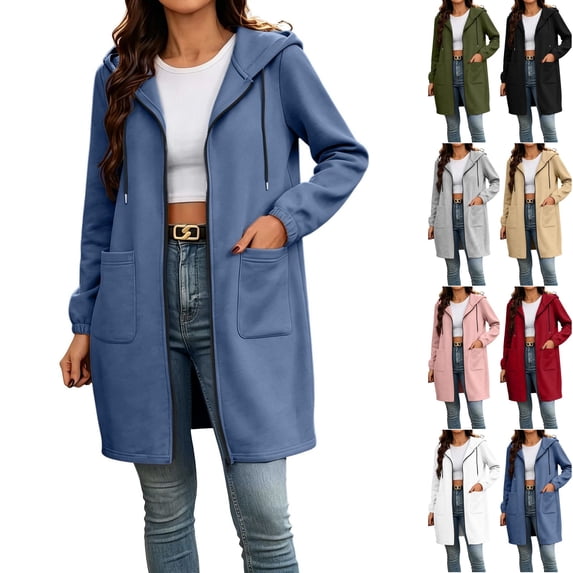 Husipze Hoodies for Women Fall Winter Mid Length Long Sleeved Drawstring Solid Hooded Sweatshirt With Pocket Blue S