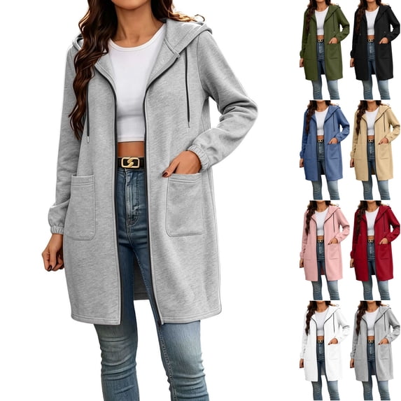 Husipze Hoodies for Women Fall Winter Mid Length Long Sleeved Drawstring Solid Hooded Sweatshirt With Pocket Gray XL