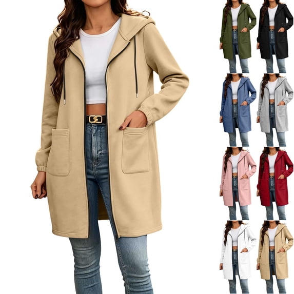 Husipze Hoodies for Women Fall Winter Mid Length Long Sleeved Drawstring Solid Hooded Sweatshirt With Pocket Khaki L