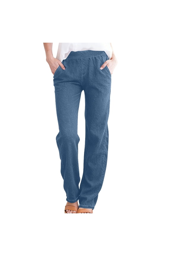 Jeans Woman High Waisted Pull On Baggy Jeans for Women Stretchy Trendy Womens Jean Straight Leg Casual Denim Pants Blue XXL
