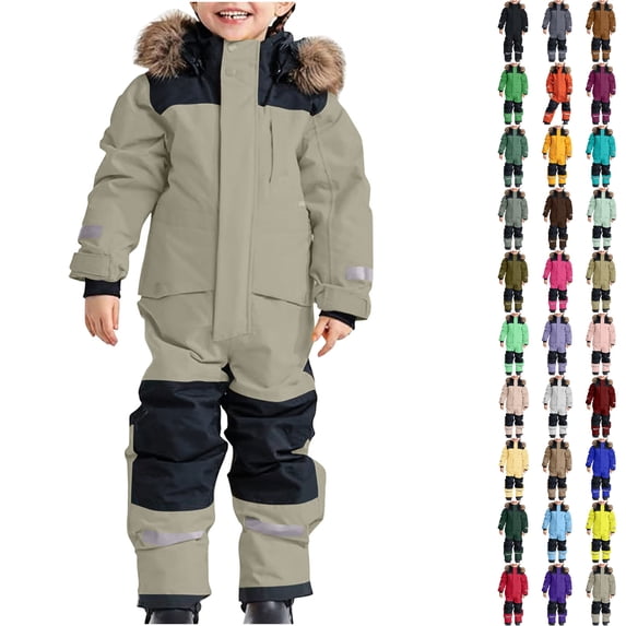 Husipze Jumpsuits for Kids One Piece Snowsuit Color Block Insulated Waterproof Windproof Snowboard Winter Overalls with Reflective Strips Beige 4 Years