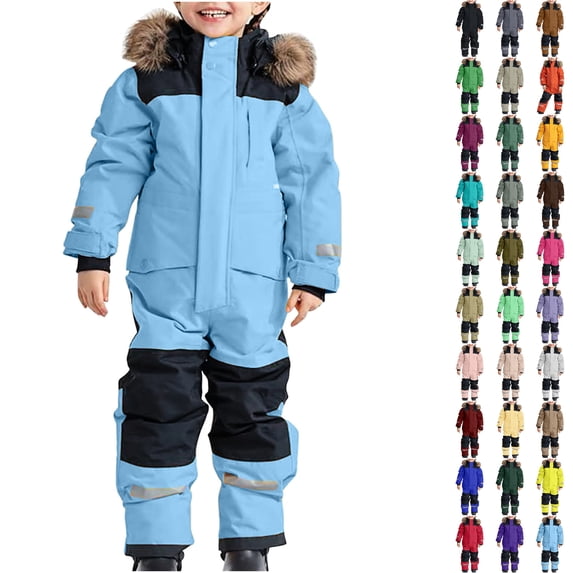 Husipze Jumpsuits for Kids One Piece Snowsuit Color Block Insulated Waterproof Windproof Snowboard Winter Overalls with Reflective Strips Light Blue 80
