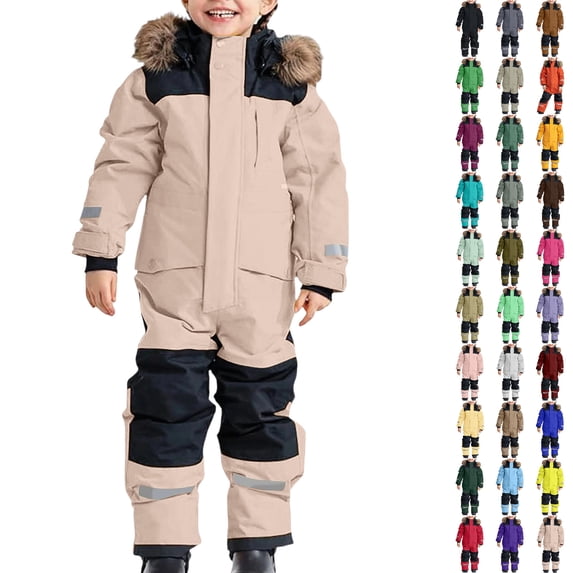 Husipze Jumpsuits for Kids One Piece Snowsuit Color Block Insulated Waterproof Windproof Snowboard Winter Overalls with Reflective Strips Rose Gold 110