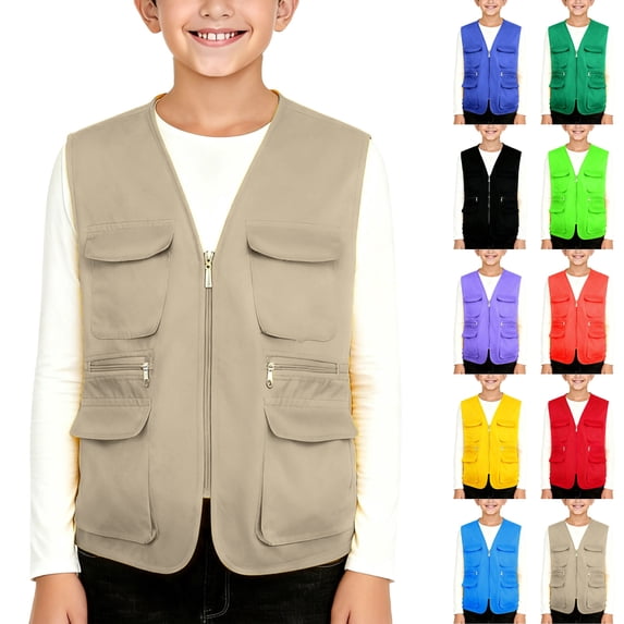 Husipze Kids Cargo Vest Sleeveless Pocket Front Full Zip Outdoor Sport Outerwear V-neck Breathable Lightweight Utility Jacket Khaki 11-12 Years