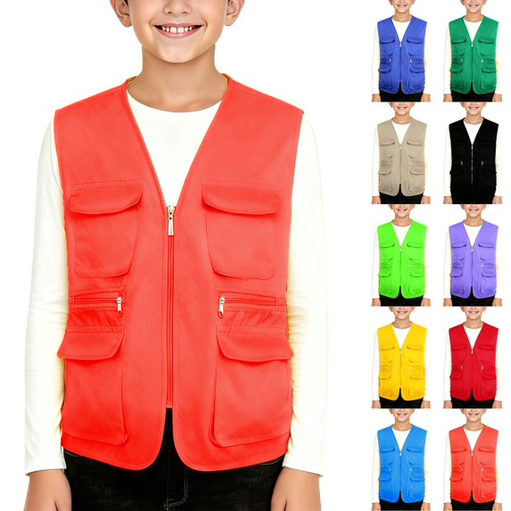 Husipze Kids Cargo Vest Sleeveless Pocket Front Full Zip Outdoor Sport Outerwear V-neck Breathable Lightweight Utility Jacket Orange 11-12 Years